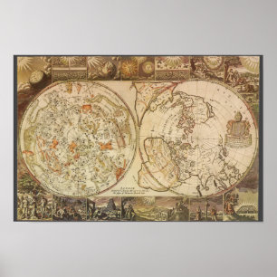 Póster Astronomía antigua, mapa celeste planisferio