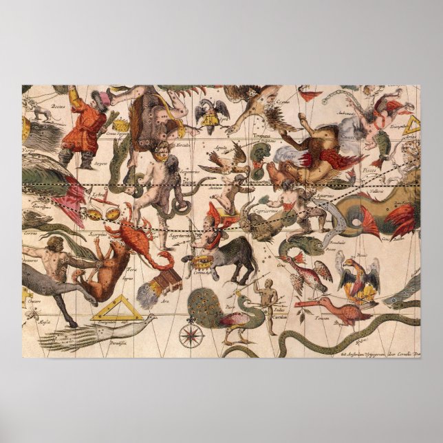 Póster Astronomía de época, mapa de estrellas de Johannes (Frente)
