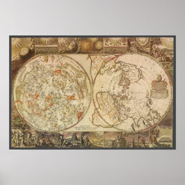 Póster Astronomía de época, mapa de planisfería celeste