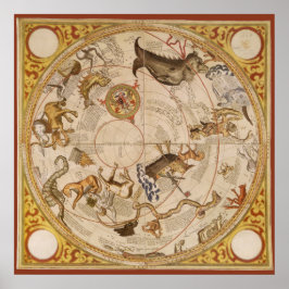Póster Astronomía de época, mapa estelar de planisfería c