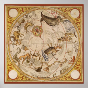 Póster Astronomía de época, mapa estelar de planisfería c