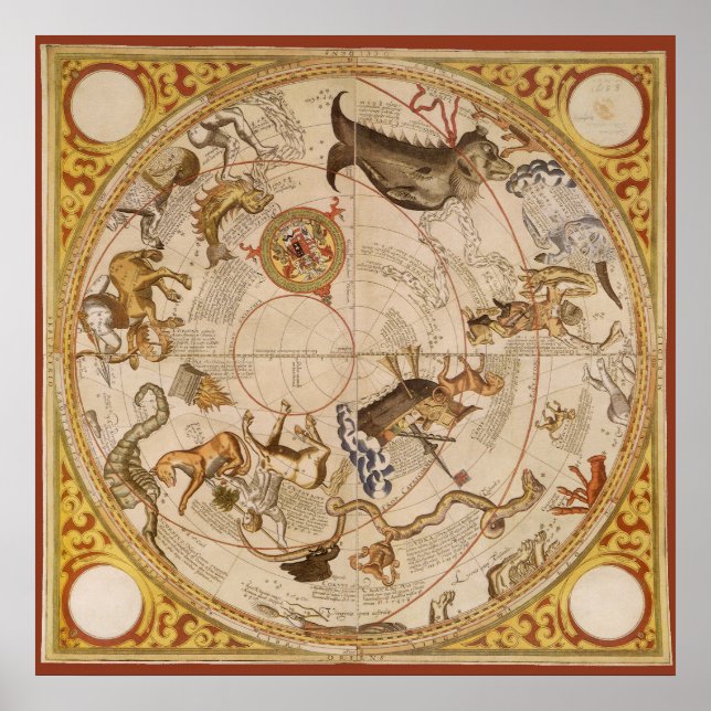 Póster Astronomía de época, mapa estelar de planisfería c (Frente)