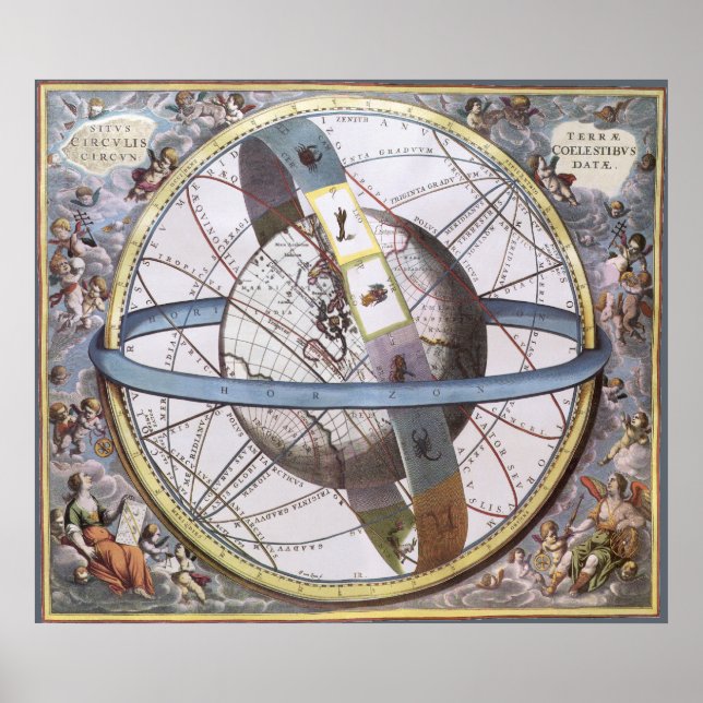 Póster Astronomía de época, Planisfera Celestial Zodiac (Frente)