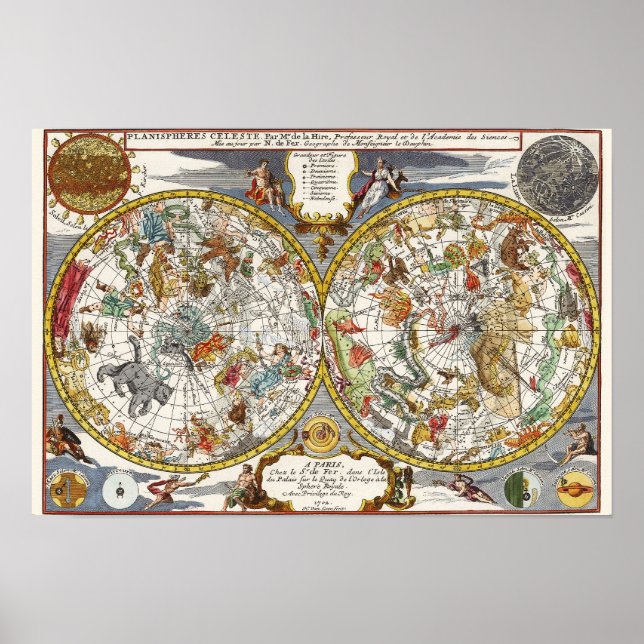 Póster Astronomía Vintage, Mapa Planisferio Celeste (Frente)