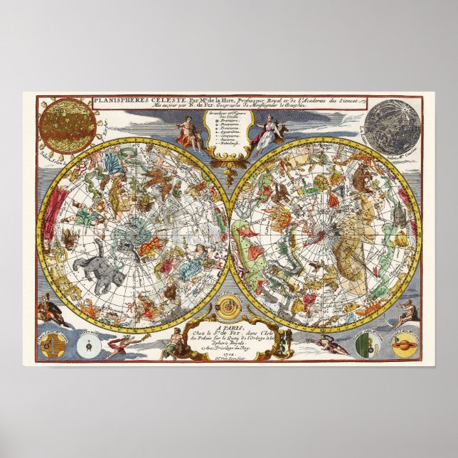 Póster Astronomía Vintage, Mapa Planisferio Celeste (Frente)