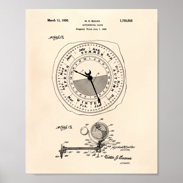 Póster Astronomical Clock 1922 Patent Art Old Peper (Frente)