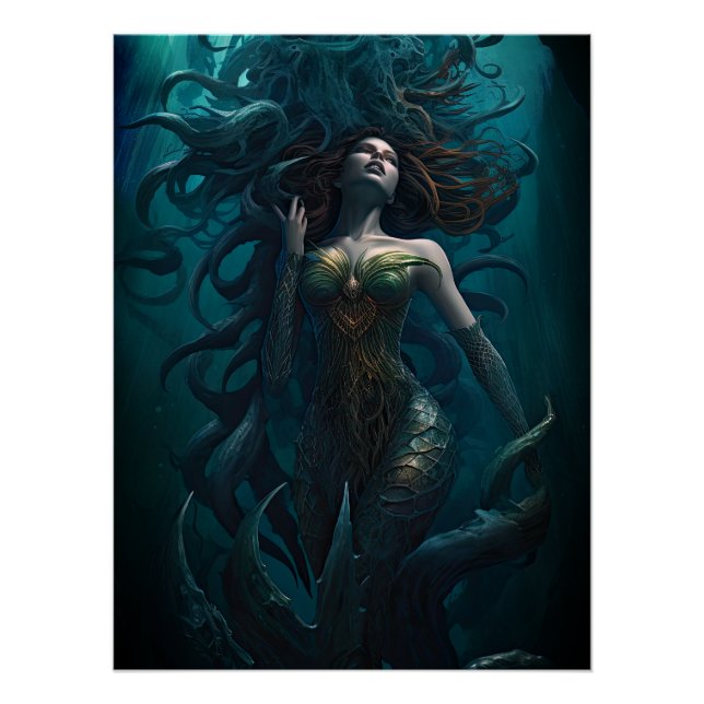 Póster Asustada bajo la criatura de sirena marina (Anverso)