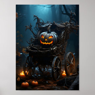 Póster Asustada Calabaza De Halloween En La Rueda