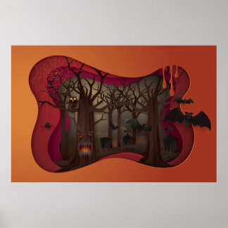 Póster Asustado árbol de papel de Halloween en cementerio