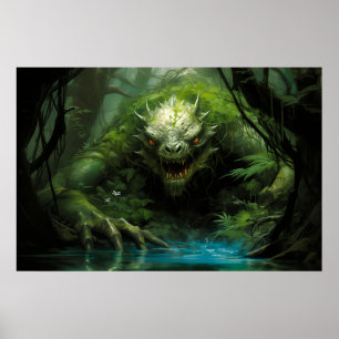 Póster Asustado monstruo oculto en bosque tropical