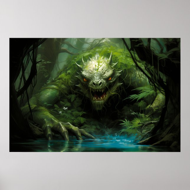 Póster Asustado monstruo oculto en bosque tropical (Frente)