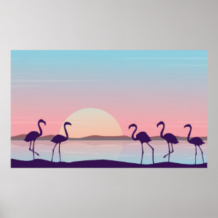 Póster At sunrise flamingo scenery silhouettesflamingo,si