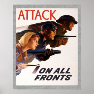 Póster Ataque canadiense WW2 del vintage contra todos los