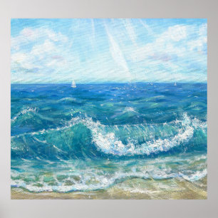 Póster Ataque de verano, olas azules, pintura acrílica.