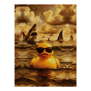 Póster Ataque Épico de Tiburón con un Valiente Pato de Go