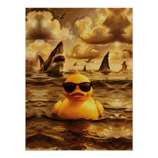 Póster Ataque Épico de Tiburón con un Valiente Pato de Go (Anverso)