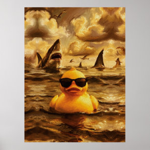 Póster Ataque Épico de Tiburón con un Valiente Pato de Go