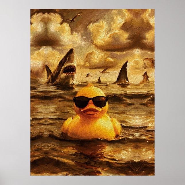 Póster Ataque Épico de Tiburón con un Valiente Pato de Go (Frente)