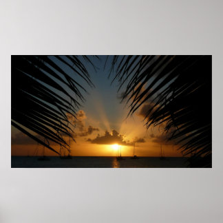 Póster Atardecer a través de la orilla de la palma