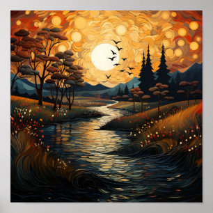 Póster Atardecer campestre con aves y corriente
