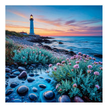 Atardecer con flores vibrantes y piedras suaves