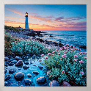Póster Atardecer con Flores Vibrantes y Piedras Suaves