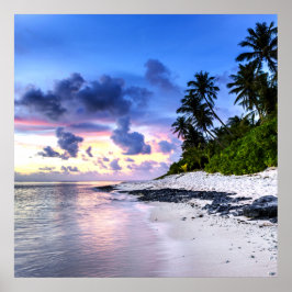 Póster Atardecer con palmeras y playa rocosa