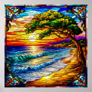 Póster Atardecer costero con olas y un árbol