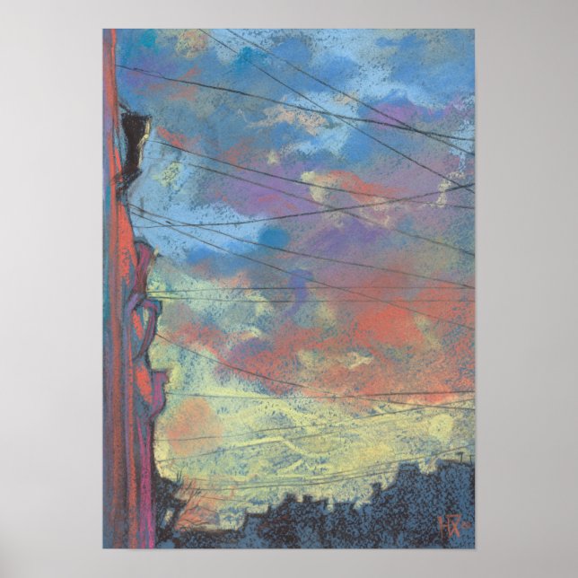 Póster Atardecer de abril, Paintaje Pastel Paisaje de Sky (Frente)