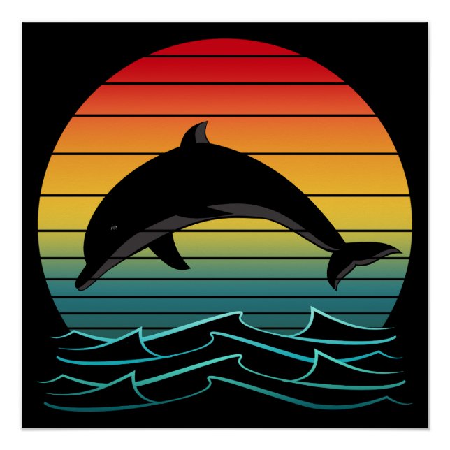 Póster Atardecer de delfines vintage océano (Anverso)