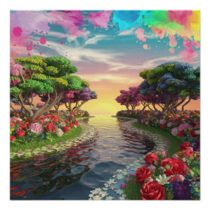 Póster Atardecer de fantasía 3D sobre el lago Serene con