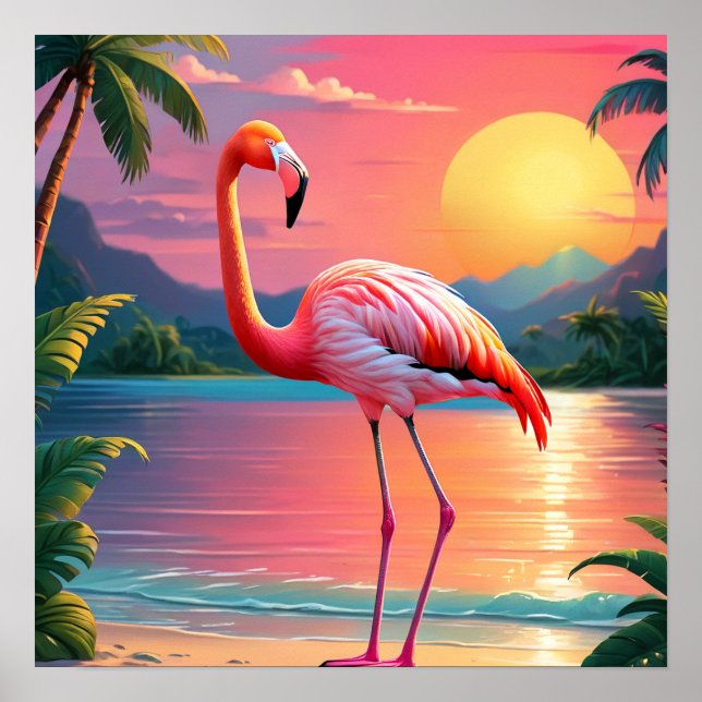 Póster Atardecer de flamenco en playa tropical (Frente)