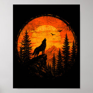 Póster Atardecer de lobo montaña bosque naturaleza salvaj