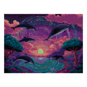 Póster Atardecer de neón con delfines en paraíso tropical