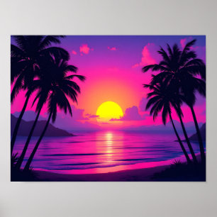 Póster Atardecer de Palma de Neón – Estética Tropical Vap
