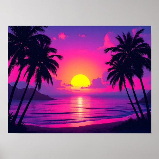 Póster Atardecer de Palma de Neón – Estética Tropical Vap (Frente)
