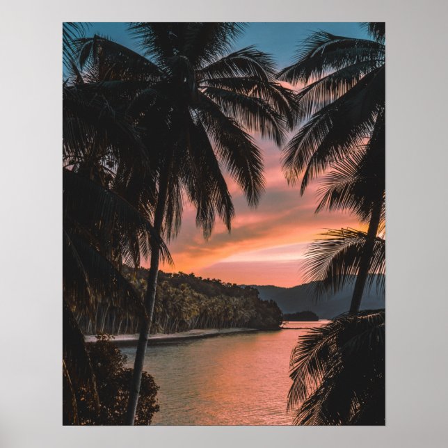 Póster Atardecer de palmeras de la isla tropical (Frente)