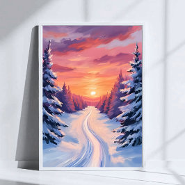 Póster Atardecer de Pinos de Invierno | Acuarela Pastel