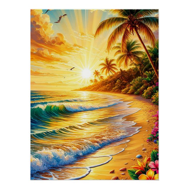 Póster Atardecer de playa tropical con palmeras (Anverso)