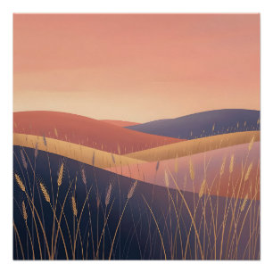 Póster Atardecer de trigo dorado sereno en colinas ondula