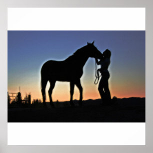 Póster Atardecer de vaca y caballo