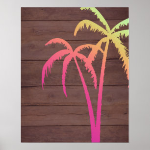 Póster Atardecer de verano de palmeras de madera rústica
