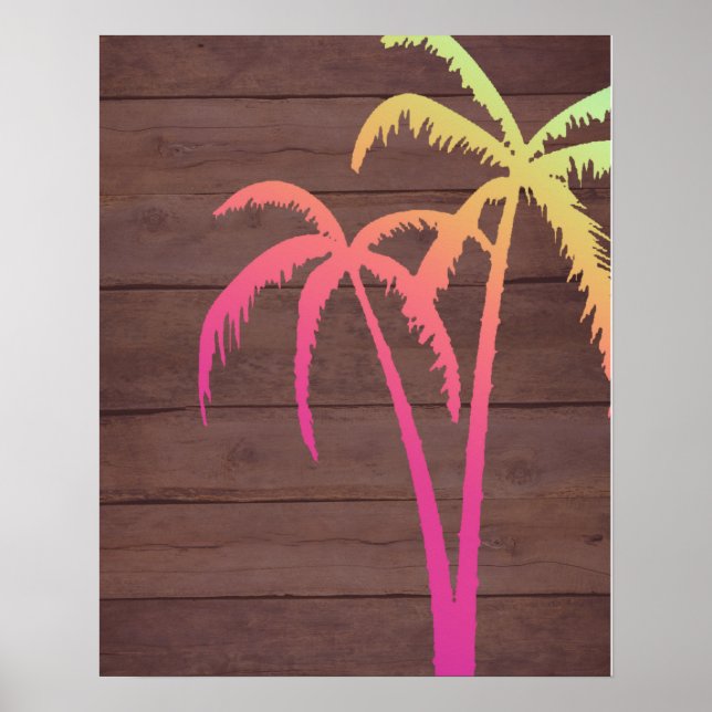 Póster Atardecer de verano de palmeras de madera rústica (Frente)