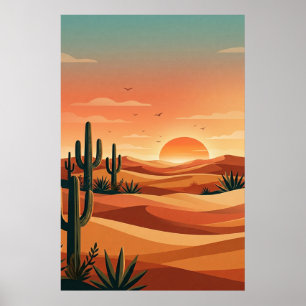 Póster Atardecer del desierto boho con dunas y cactus y a