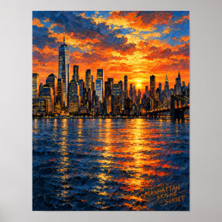Póster Atardecer del horizonte de Manhattan sobre el río