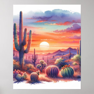 Póster Atardecer Desértico Resplandor Acuarela Suroeste