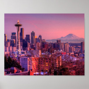 Póster Atardecer detrás del horizonte de Seattle desde el