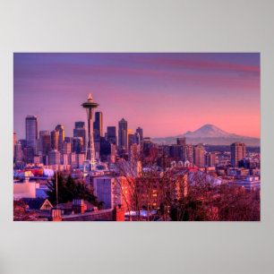 Póster Atardecer detrás del horizonte de Seattle desde el