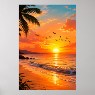 Póster Atardecer dorado de verano – Paraíso de playa trop
