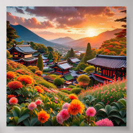 Póster Atardecer dorado sobre el jardín floral japonés